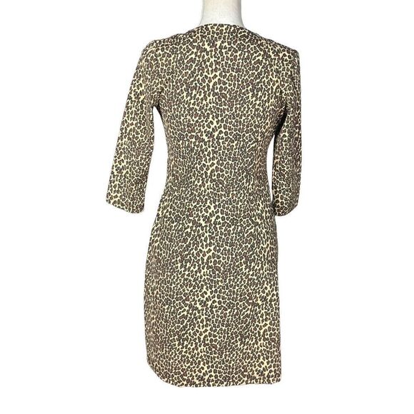 Katherine Way Faux Wrap Dress Size XS 3/4 Sleeves Tan Black Animal Print Work - Picture 2 of 7